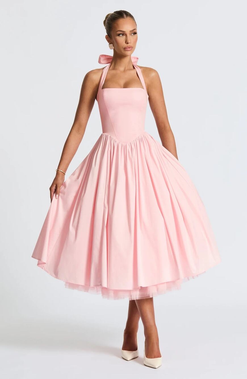 NWT Babyboo Cressida Blush Pink Halter Corset Fit & Flare Midi Dress Womens Sz L